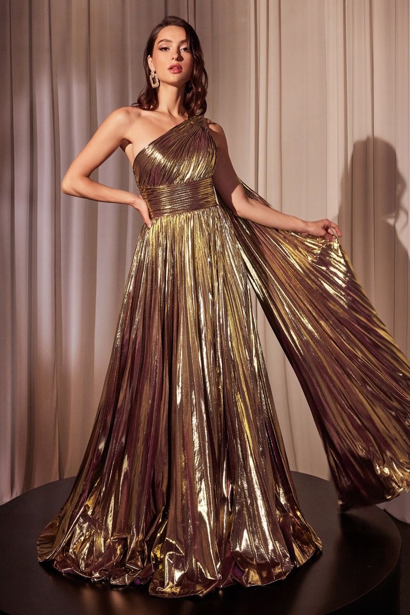 GOLD ONE SHOULDER METALLIC PLEATED A-LINE DRESS- J874 (RENTAL)