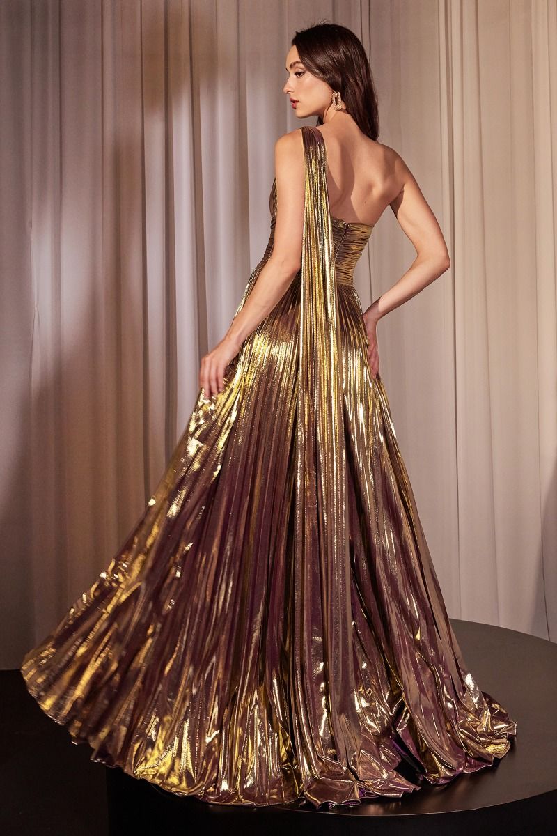 GOLD ONE SHOULDER METALLIC PLEATED A-LINE DRESS- J874 (RENTAL)