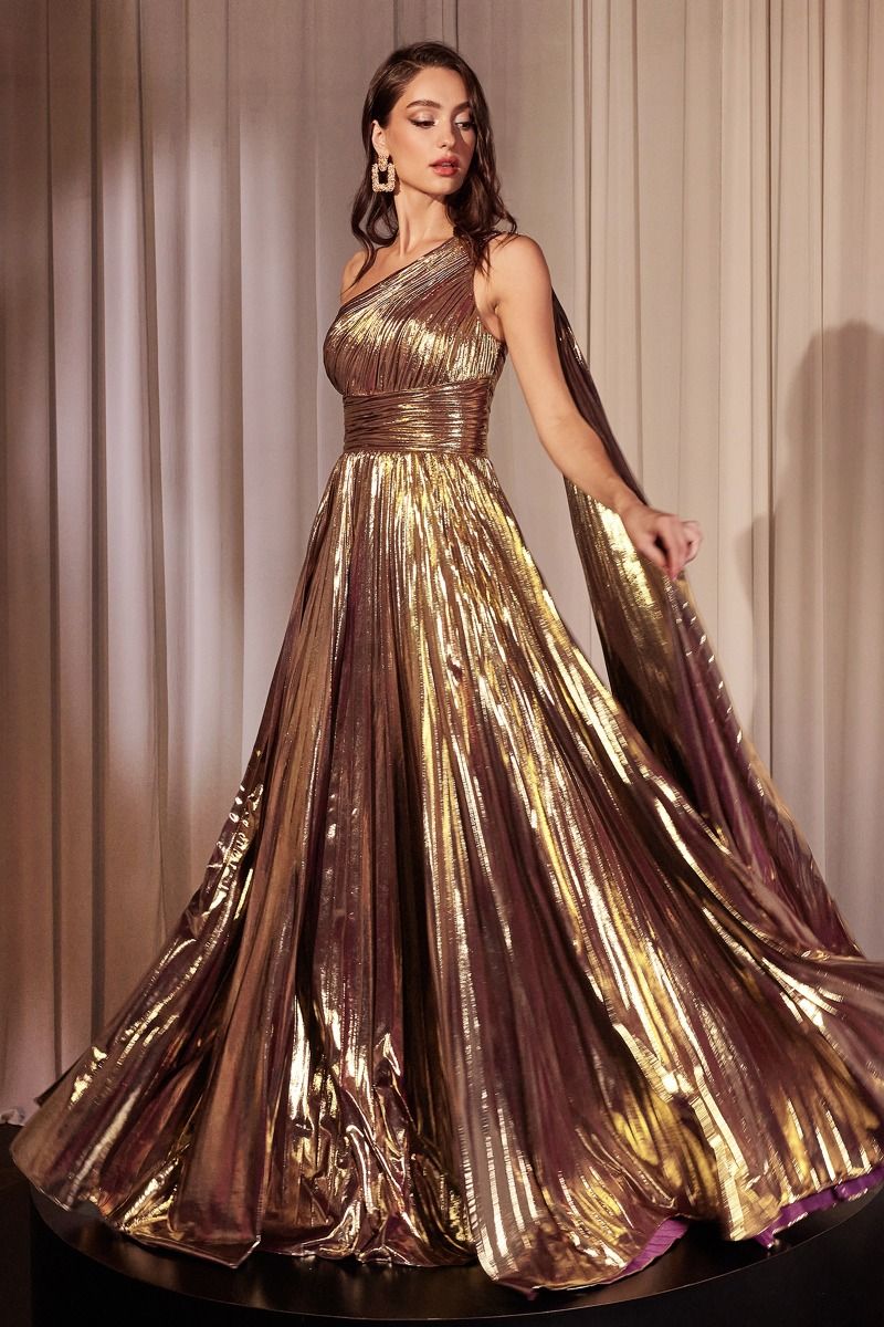 GOLD ONE SHOULDER METALLIC PLEATED A-LINE DRESS- J874 (RENTAL)