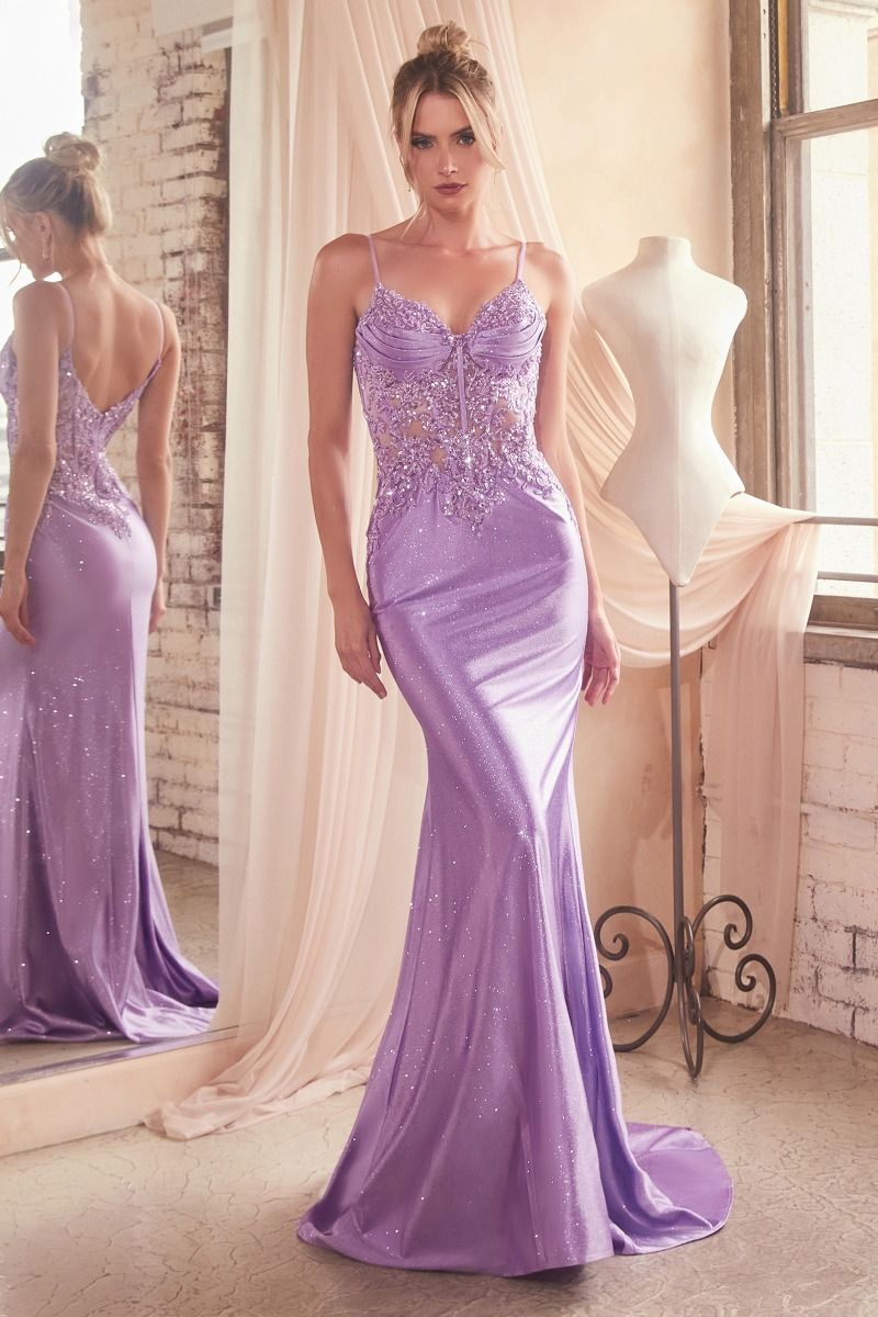 FITTED GLITTER & LACE STRETCH SATIN GOWN- CDS450