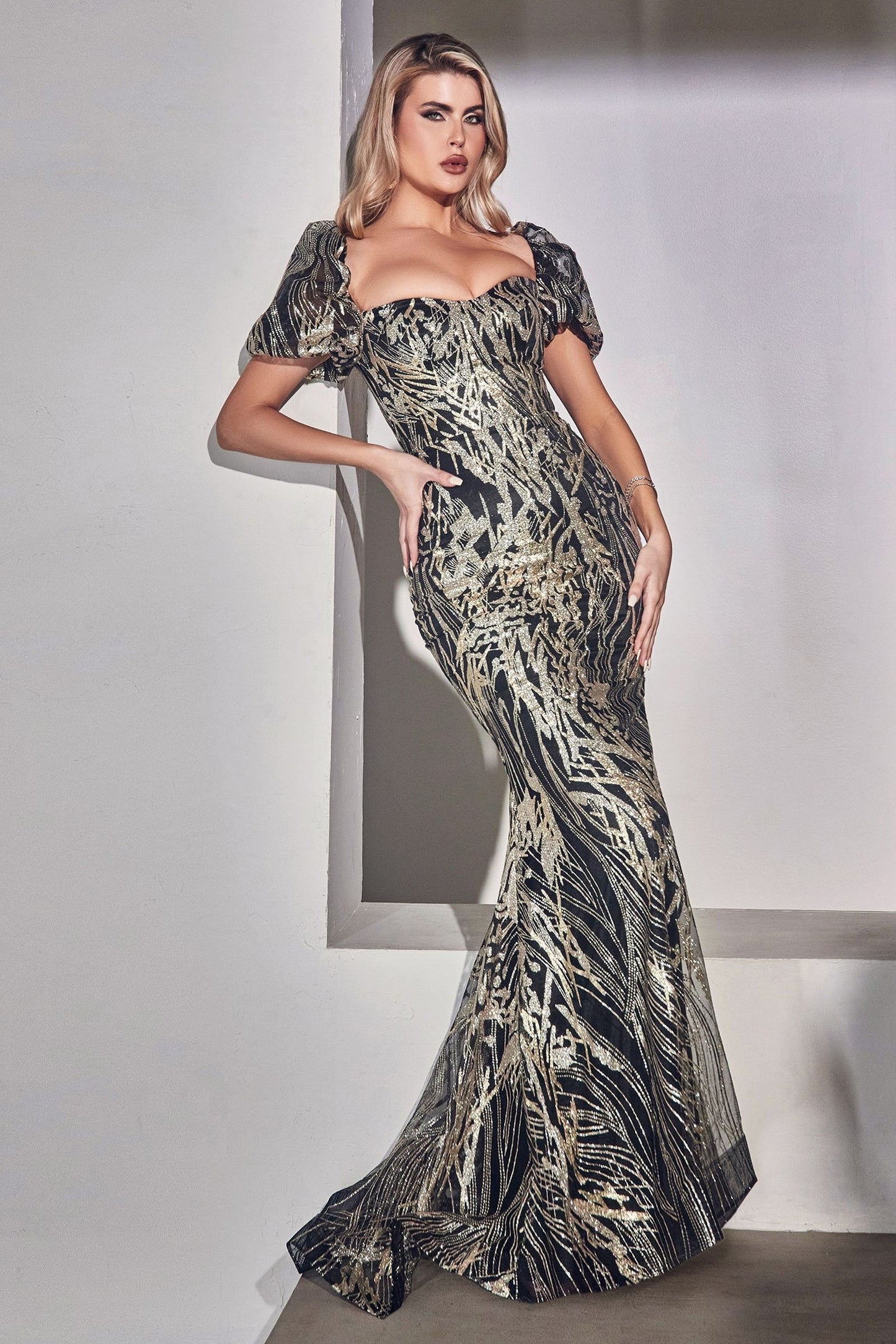GLITTER PRINTED GOWN WITH PUFF SLEEVES- J833*