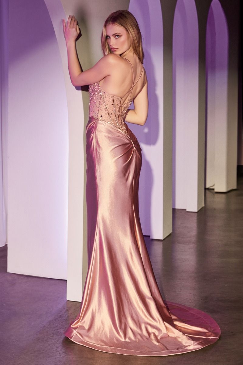 FITTED ROSE GOLD SATIN DRESS WITH BEADED BODICE- CC8884 (RENTAL)