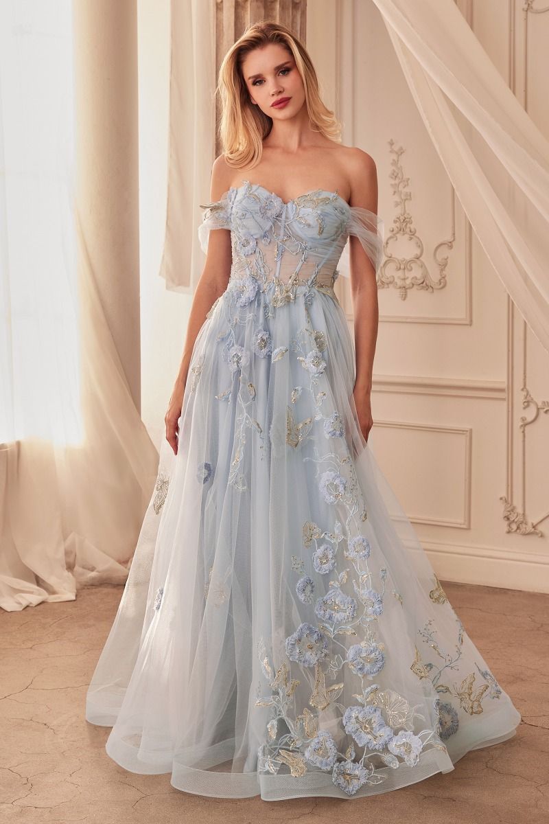 OFF THE SHOULDER FLORAL APPLIQUE BALL GOWN- A1246
