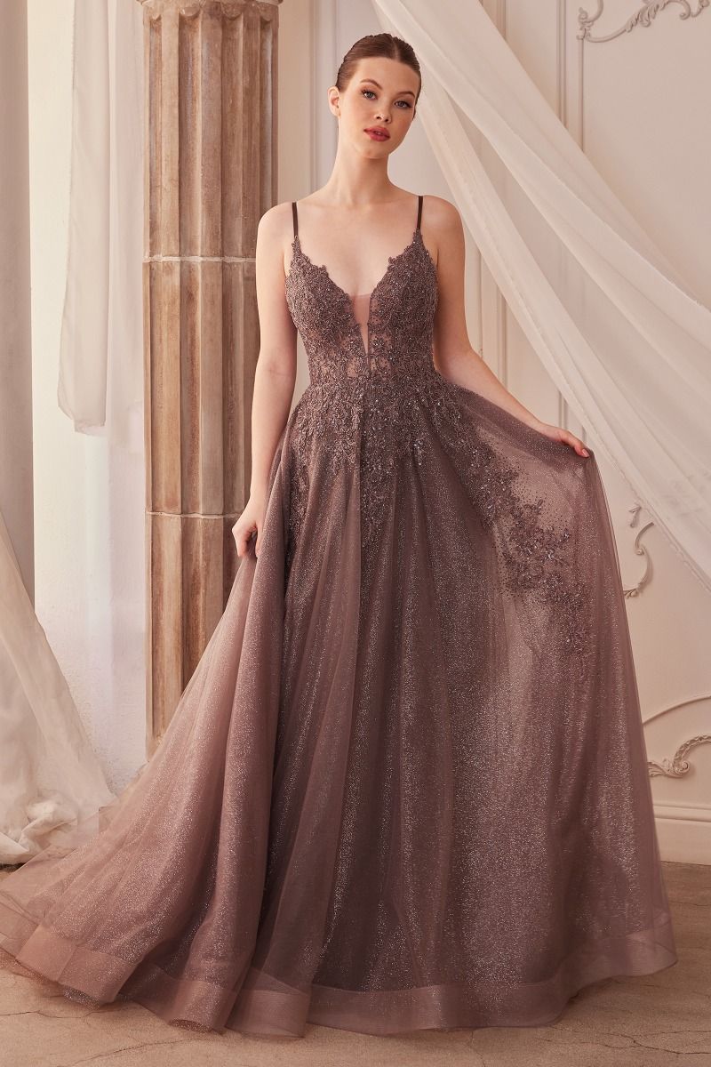 LACE EMBELLISHED A-LINE LAYERED TULLE GOWN- A1261