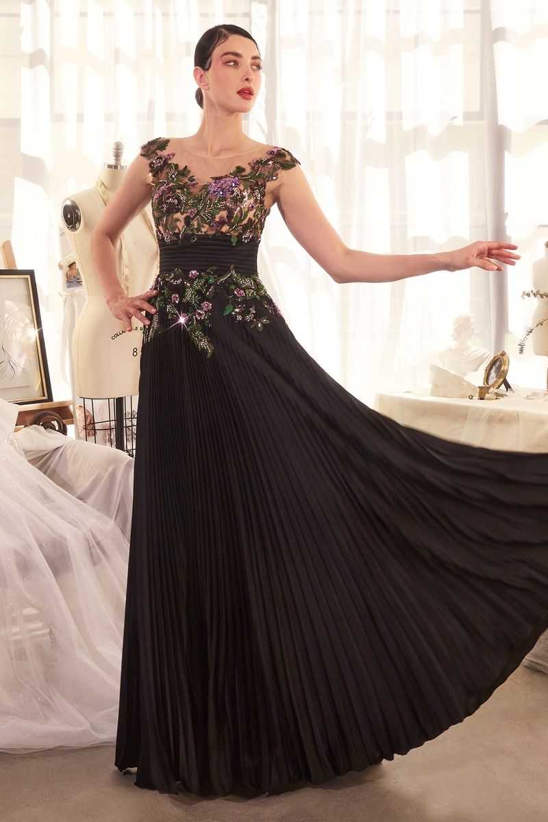 PLEATED SATIN & EMBELLISHED A-LINE GOWN- A1355