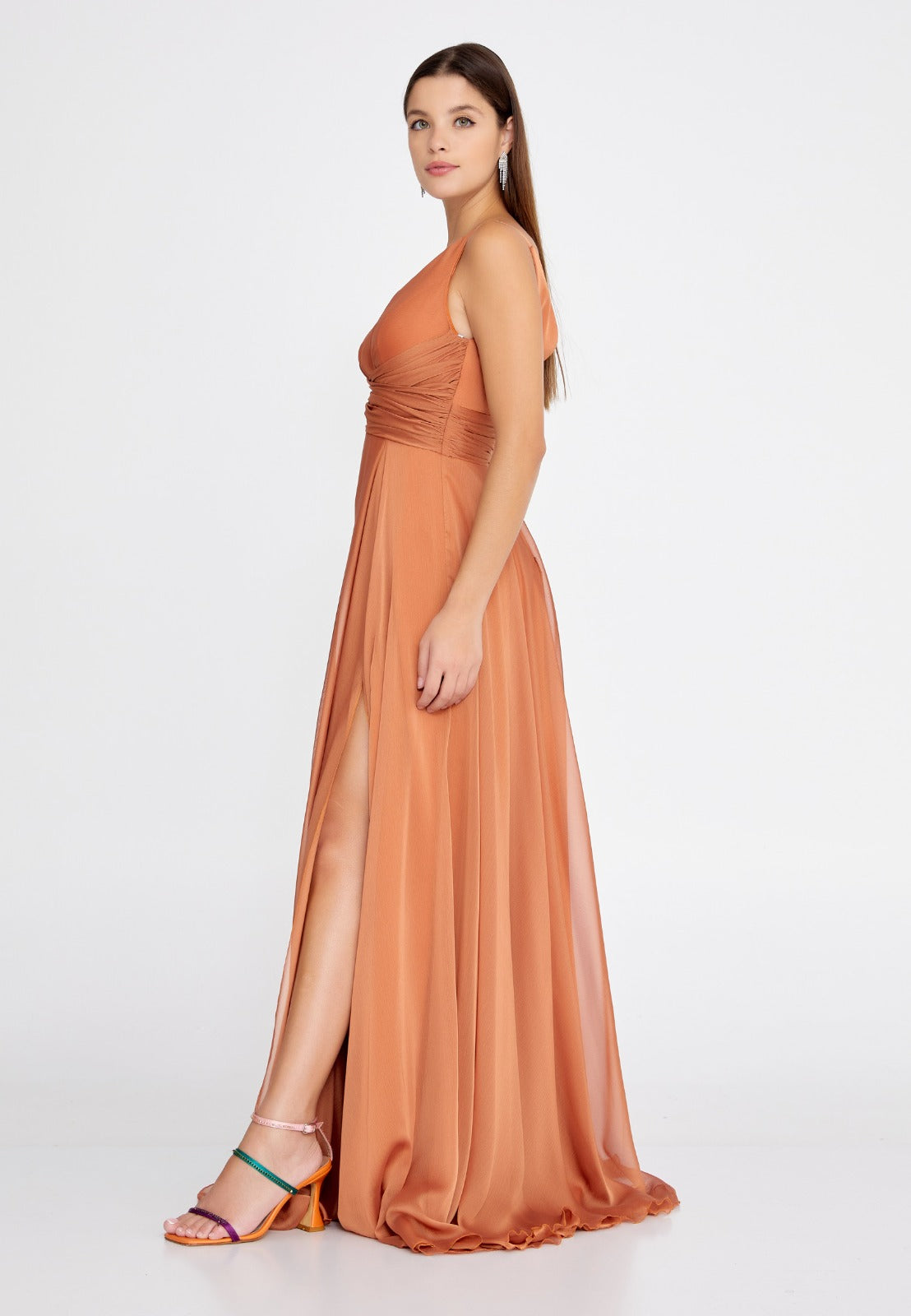 SLEEVELESS ORANGE CHIFFON DRESS (SHOWROOM SALE)