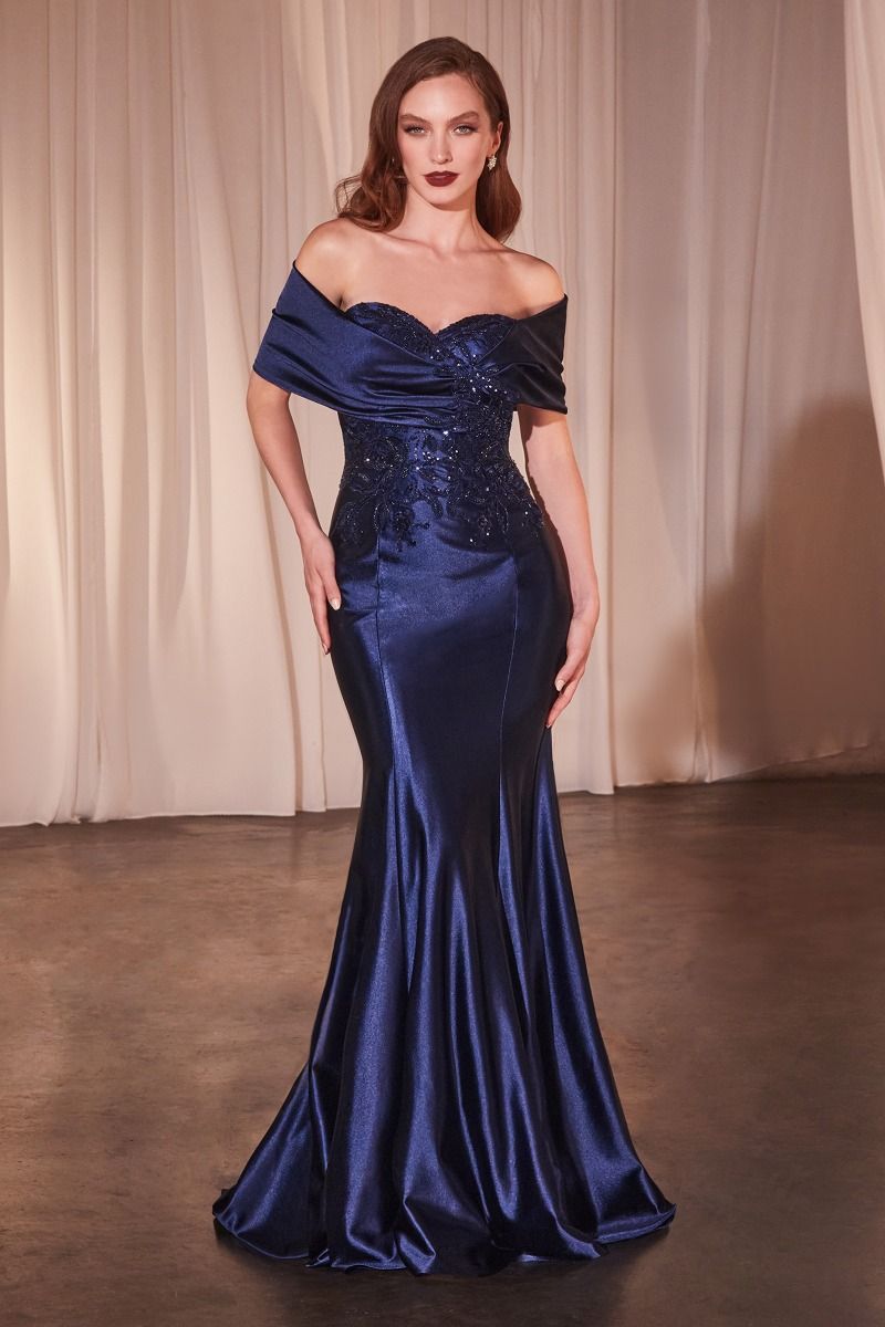 OFF THE SHOULDER SATIN & LACE GOWN- CDS507