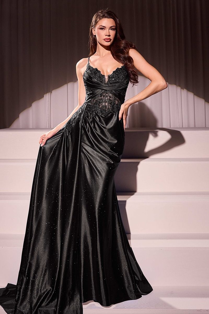 FITTED SATIN & LACE EVENING GOWN - CDS524