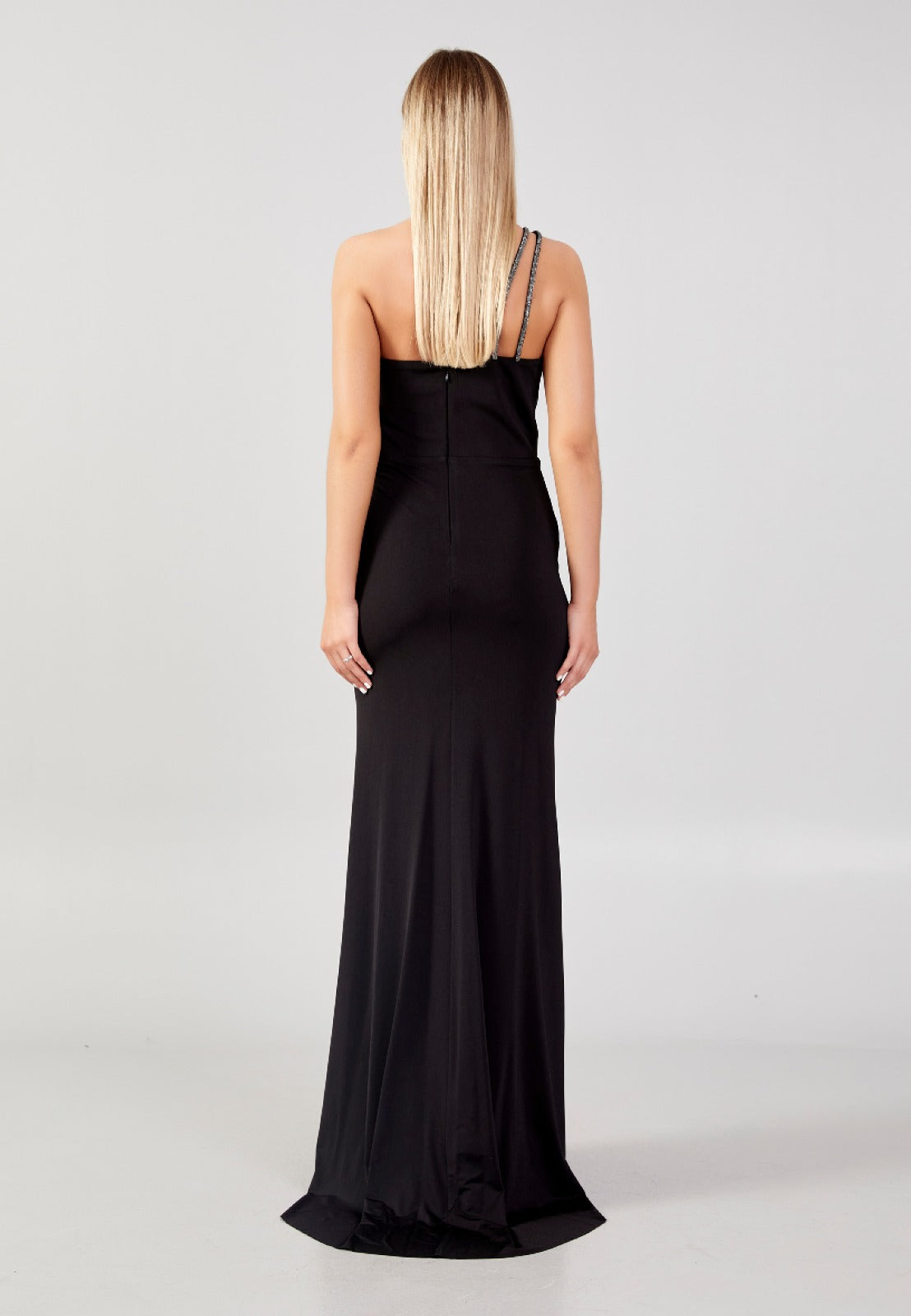 BLACK ONE SHOULDER EVENING DRESS (SHOWROOM SALE)