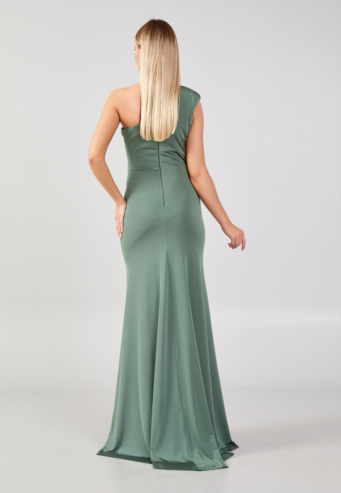 GREEN ONE SHOULDER EVENING DRESS (SHOWROOM SALE)