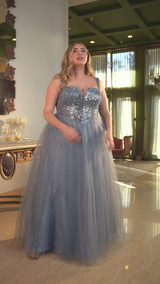 SMOKY BLUE STRAPLESS A-LINE EMBELLISHED GOWN- CD0217C (RENTAL)