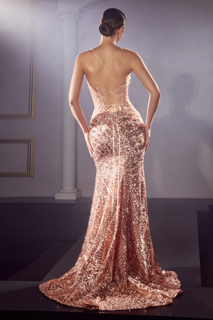Fabulous Rose Gold Sequin Appliqued Mermaid Prom Dress - VQ