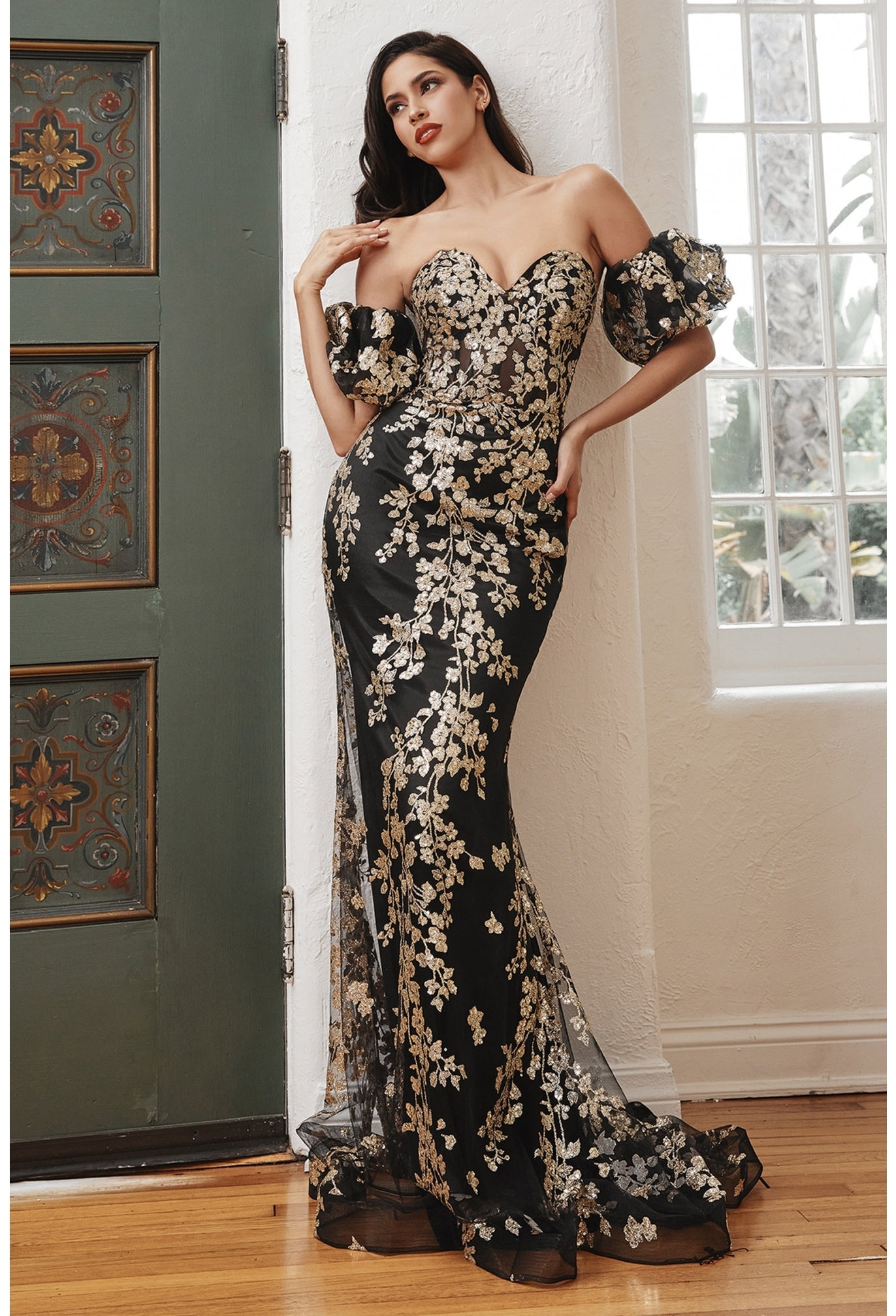 STRAPLESS GLITTER FLORAL PRINT GOWN WITH DETACHABLE PUFF SLEEVES- J844