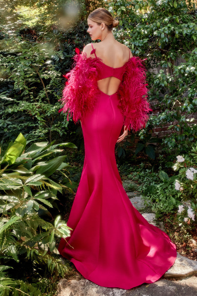 NOVELTY MIKADO MERMAID GOWN WITH FEATHER SLEEVES- A1208*