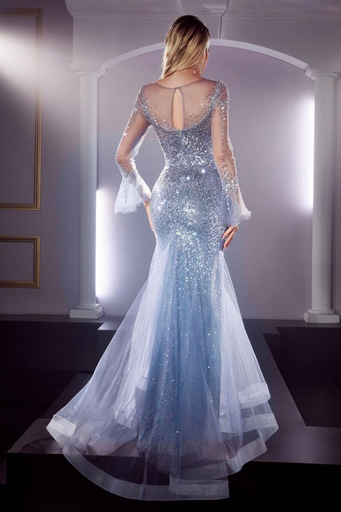 SMOKY BLUE LONG BELL SLEEVE EMBELLISHED GOWN CD122