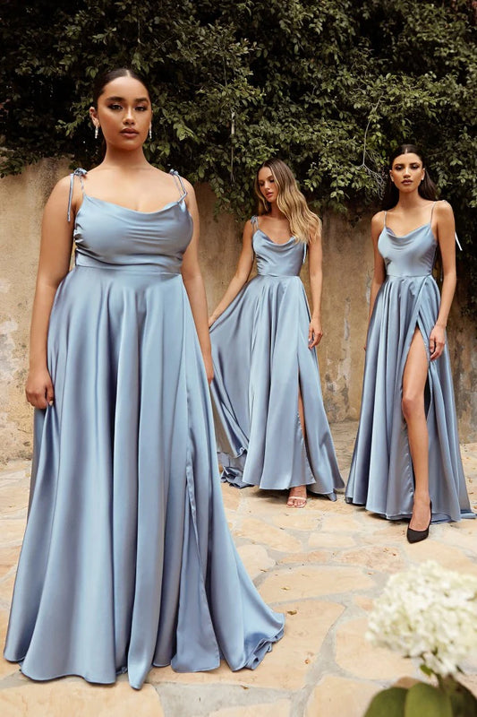 DUSTY BLUE SATIN A-LINE DRESS- BD104 (SHOWROOM SALE)