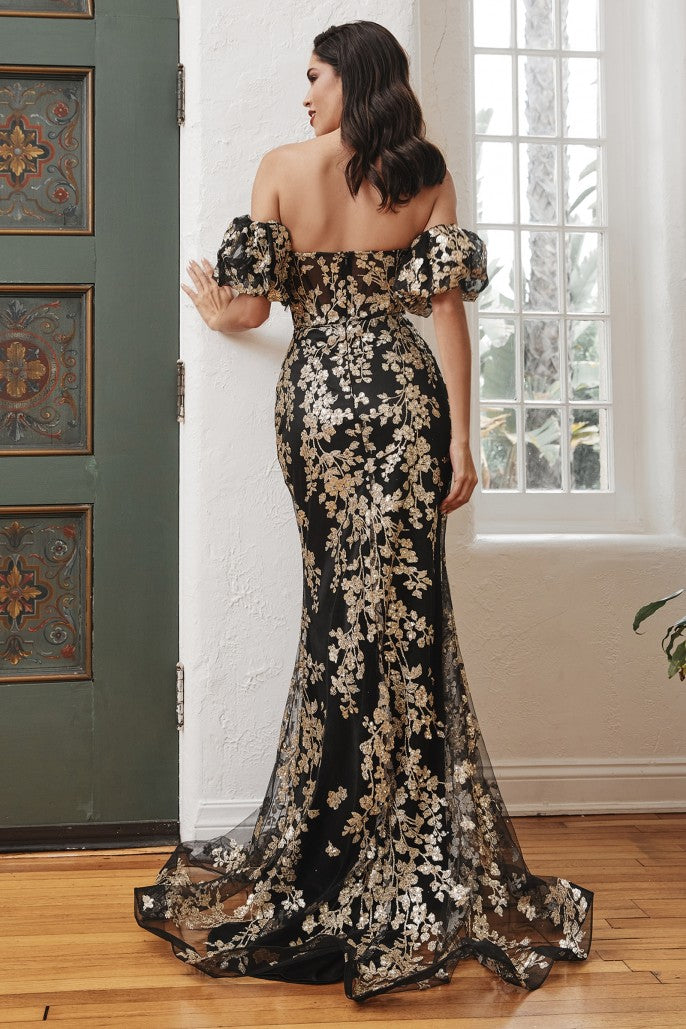 STRAPLESS GLITTER FLORAL PRINT GOWN WITH DETACHABLE PUFF SLEEVES- J844