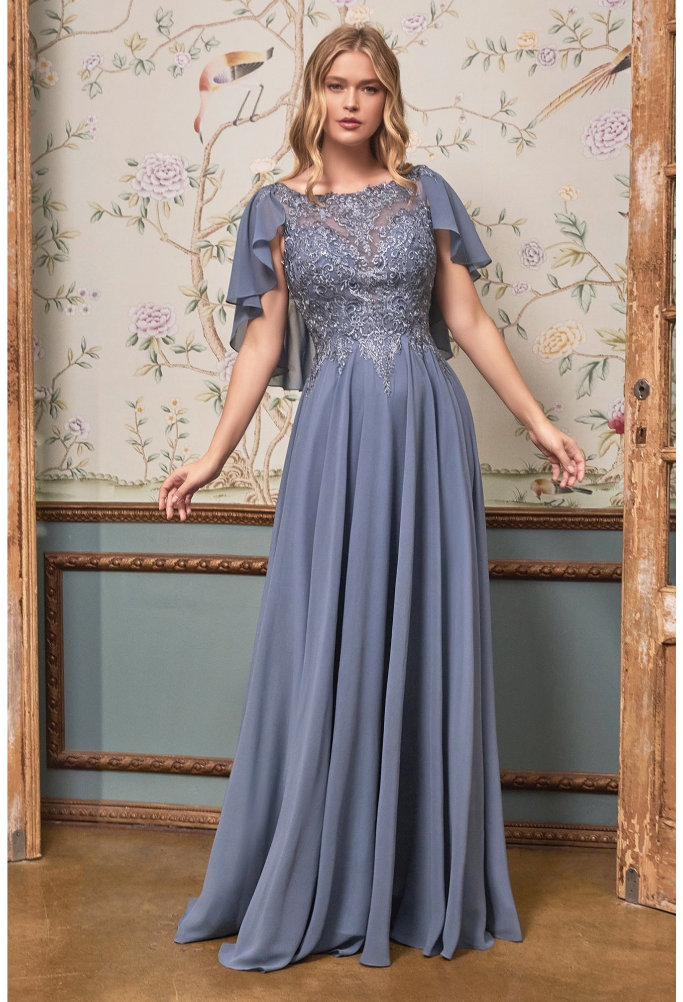 A-LINE CHIFFON GOWN WITH CAPLET- HT101*